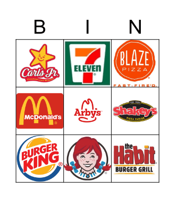 Restaurant Bingo Card