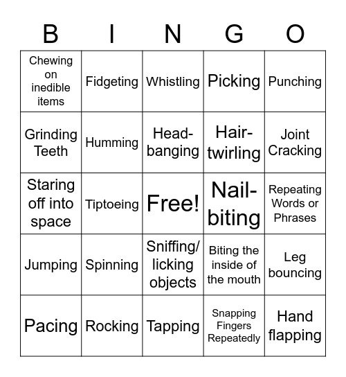 Stimming Bingo Card