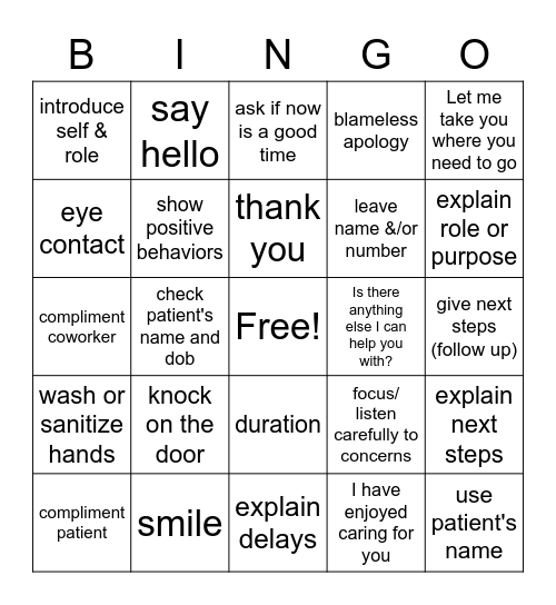 AIDET Bingo Card