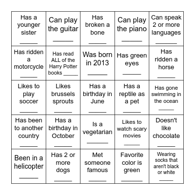 Human Scavenger Hunt Bingo Card