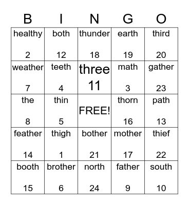 "TH" Bingo Card
