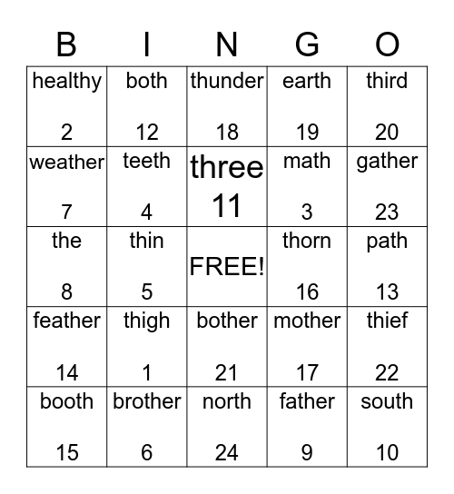 "TH" Bingo Card