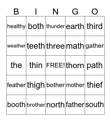 "TH" Bingo Card