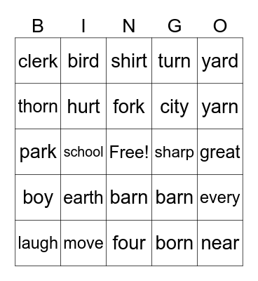 Bossy R Bingo Card
