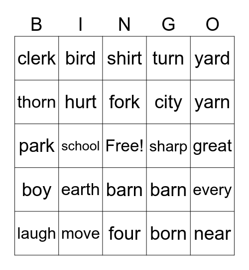 Bossy R Bingo Card
