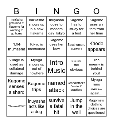InuYasha Bingo Card