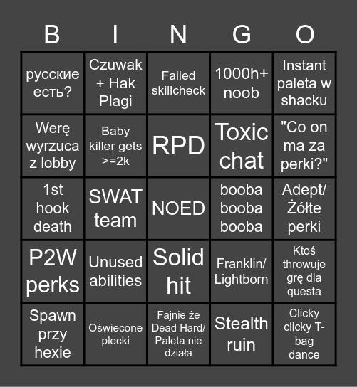 DBD SFW Bingo Card