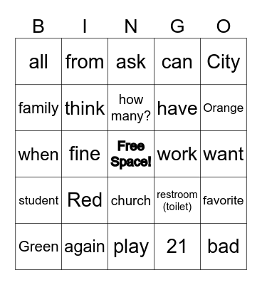 ASL 1 Words Bingo Card