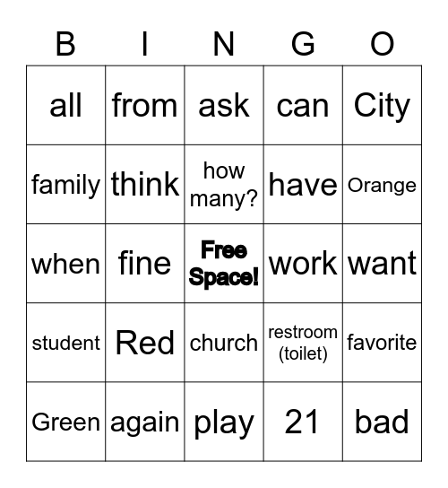 ASL 1 Words Bingo Card