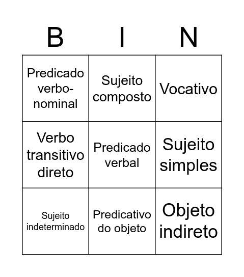 Bingo sintático Bingo Card