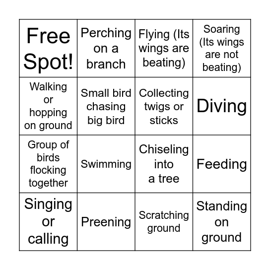 Bird Behavior Bingo Card