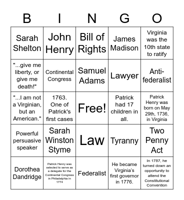 Patrick Henry Bingo Card