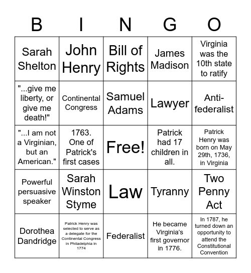 Patrick Henry Bingo Card