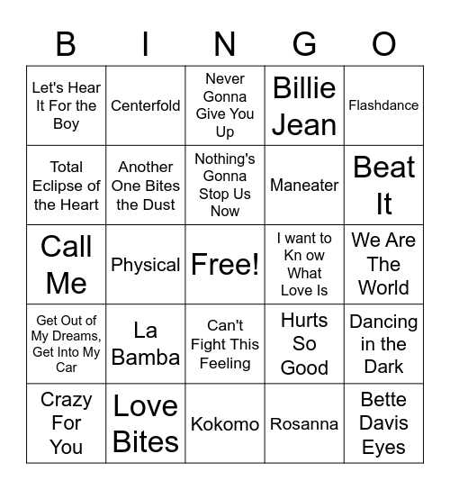 1980's Bingo Card