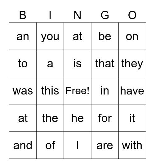Sight Words - 1 Bingo Card
