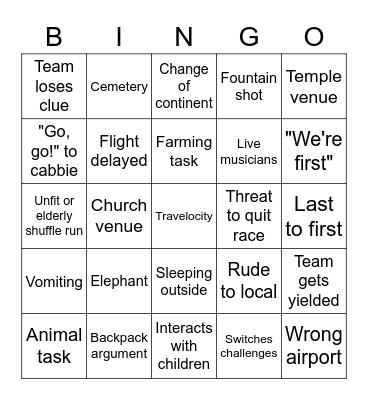 Amazing Race Bingo Card