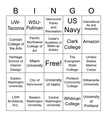 VSAA College and Career Fair - March 11th Bingo Card