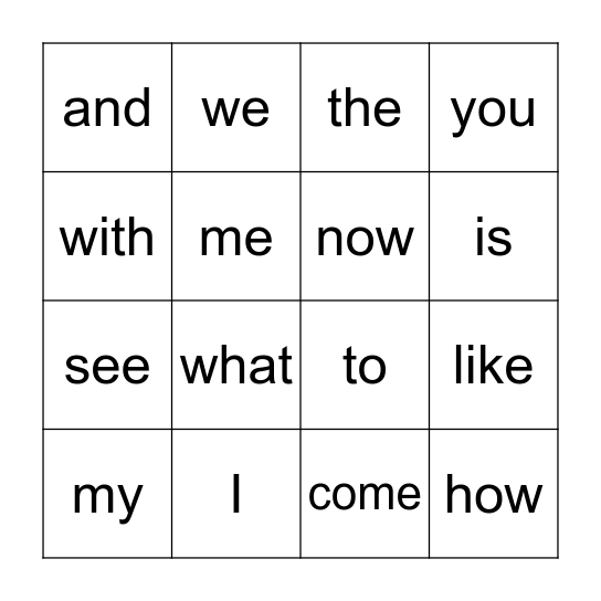 Sight word BINGO Card
