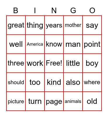Fry's 2nd 100 Words Bingo Card