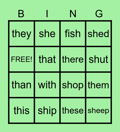 Sh/Th Digraph Bingo Card