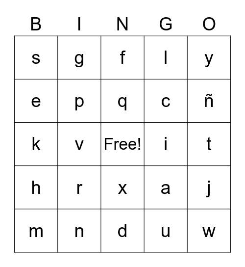 Spanish Alphabet Bingo Card