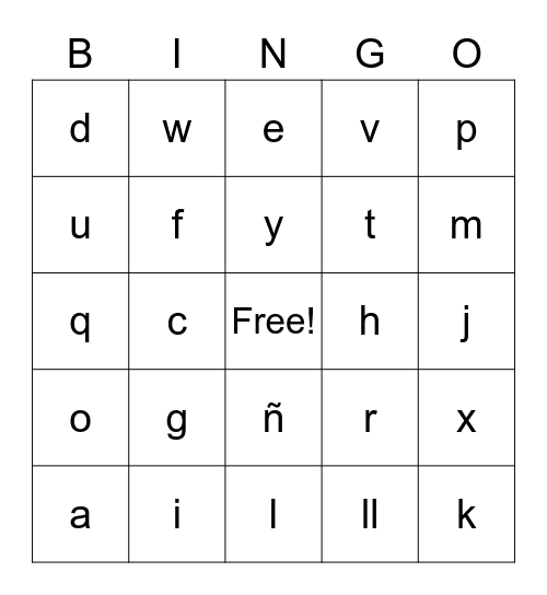 Spanish Alphabet Bingo Card