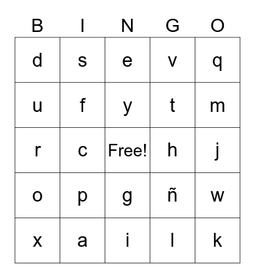 Spanish Alphabet Bingo Card