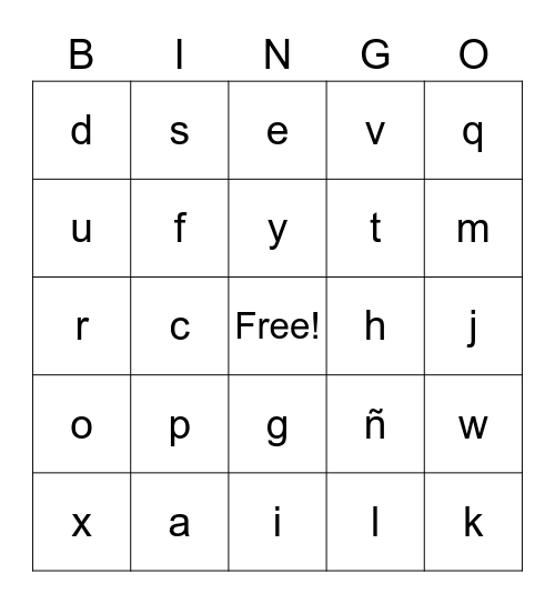 Spanish Alphabet Bingo Card