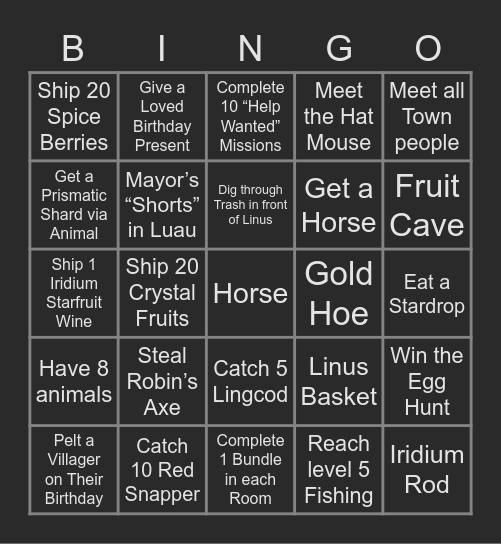 Stardew Valley Randomized Bingo Card