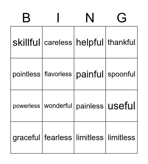 Suffix Ful and Less Bingo Card