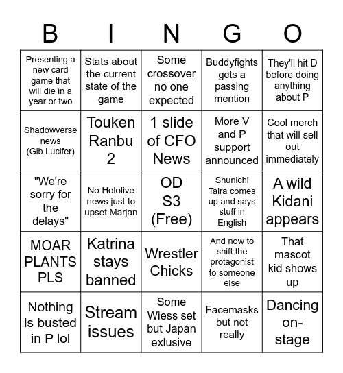 CFV Strem Bingo Card