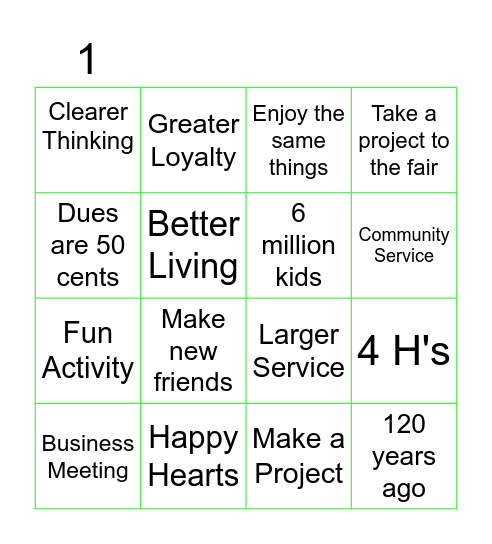 HAPPY HEARTS 4-H CLUB Bingo Card