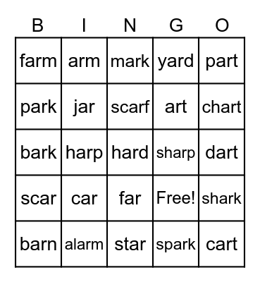 -ar Words Bingo Card