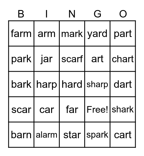 -ar Words Bingo Card