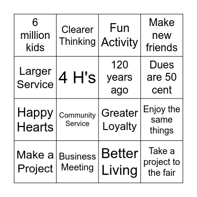 HAPPY HEARTS 4-H CLUB Bingo Card