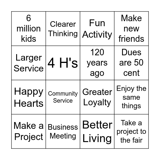 HAPPY HEARTS 4-H CLUB Bingo Card