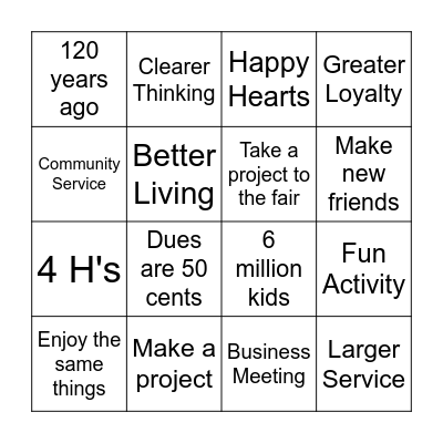 HAPPY HEARTS 4-H CLUB Bingo Card
