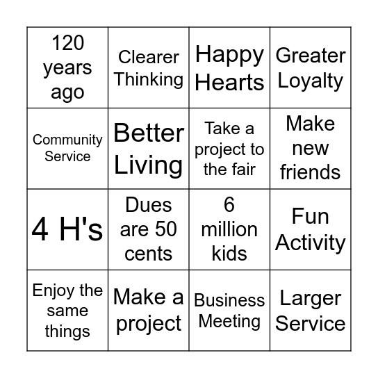 HAPPY HEARTS 4-H CLUB Bingo Card