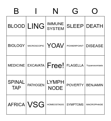 AFRICAN SLEEPING SICKNESS BINGO Card