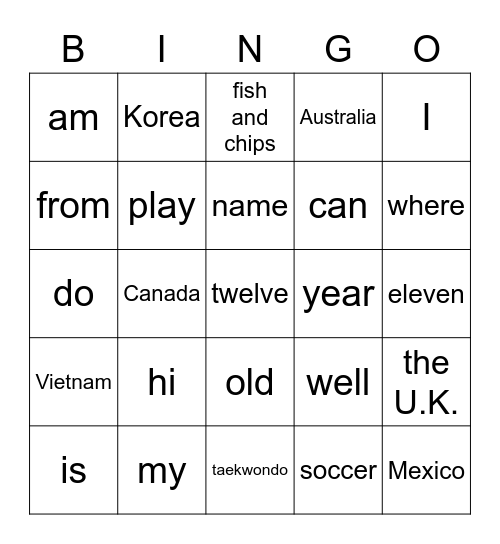 1. Where are you from Bingo Card