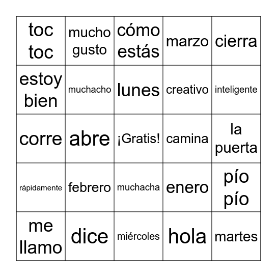 Vocabulario Bingo Card
