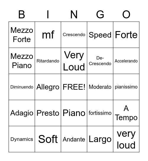 Dynamics/Tempo Bingo Card