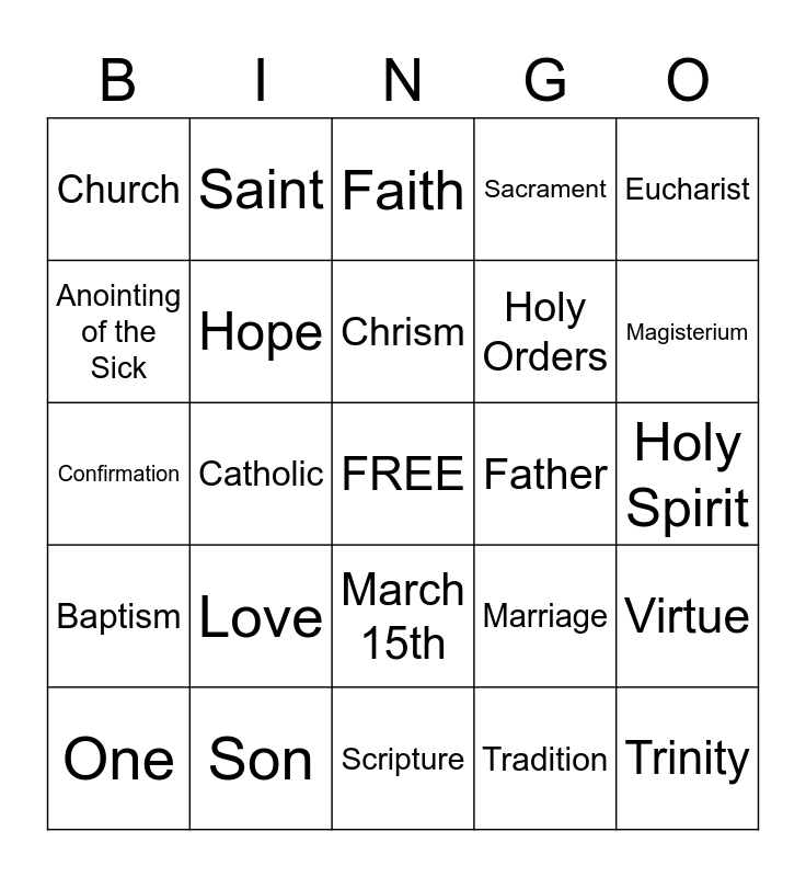 Confirmation Bingo Card