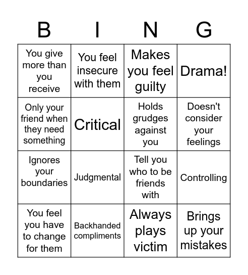 Toxic Friendship Bingo! Bingo Card