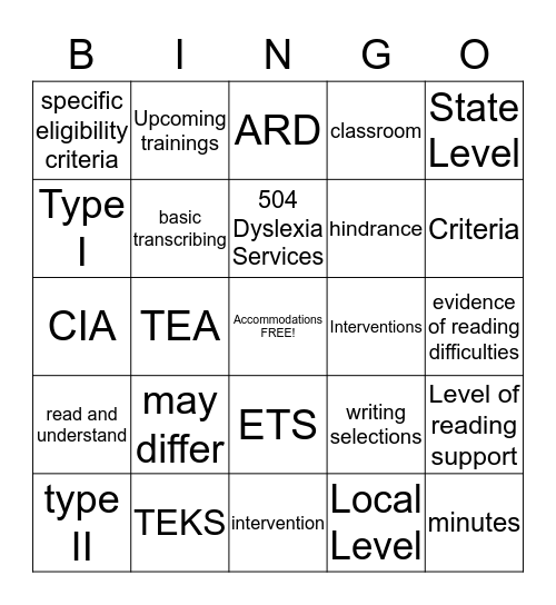 State Testing Bingo Card