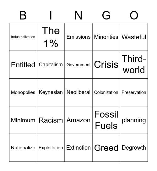 Global Capitalism Bingo Card