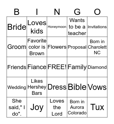 Bridal Bingo Card