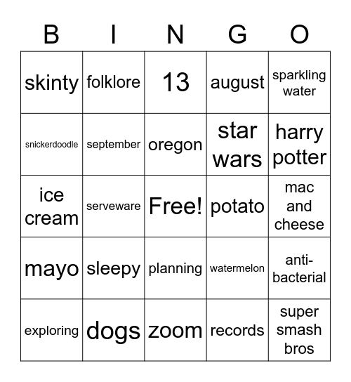 Irene Bingo Card