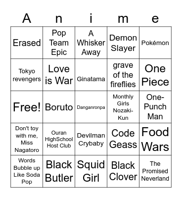 Anime Club Bingo (version d) Bingo Card
