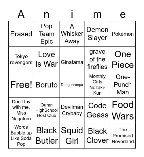 Anime Club Bingo (version d) Bingo Card